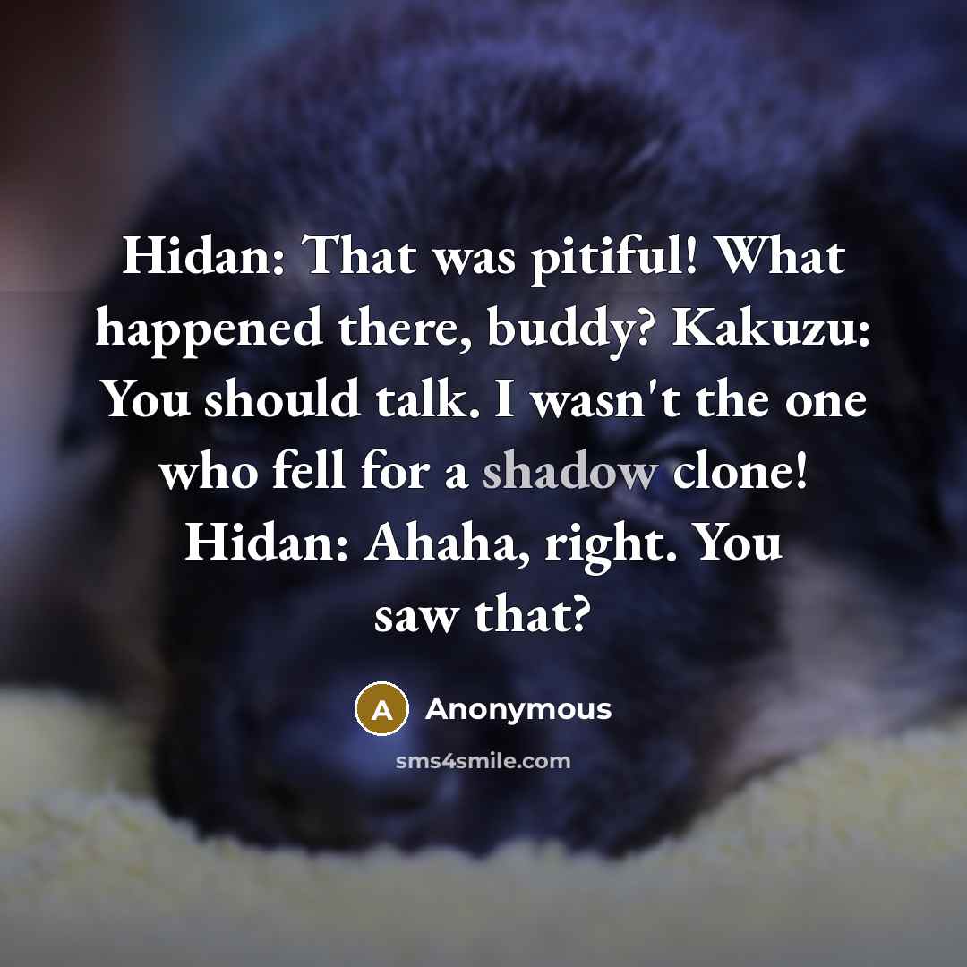 “Hidan: That was pitiful! What happened there, buddy? Kakuzu: You should talk. I wasn't the one who fell for a shadow clone! Hidan: Ahaha, right. You saw that?” quote by Anonymous