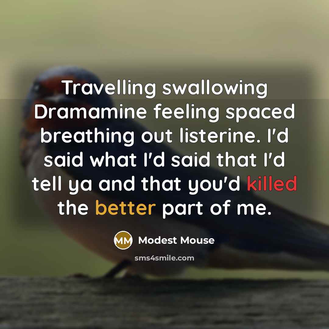 “Travelling swallowing Dramamine feeling spaced breathing out listerine. I'd said what I'd said that I'd tell ya and that you'd killed the better part of me.” quote by Modest Mouse