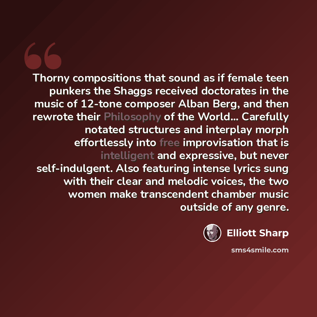 “Thorny compositions that sound as if female teen punkers the Shaggs received doctorates in the music of 12-tone composer Alban Berg, and then rewrote their Philosophy of the World… Carefully notated structures and interplay morph effortlessly into free improvisation that is intelligent and…” quote by Elliott Sharp