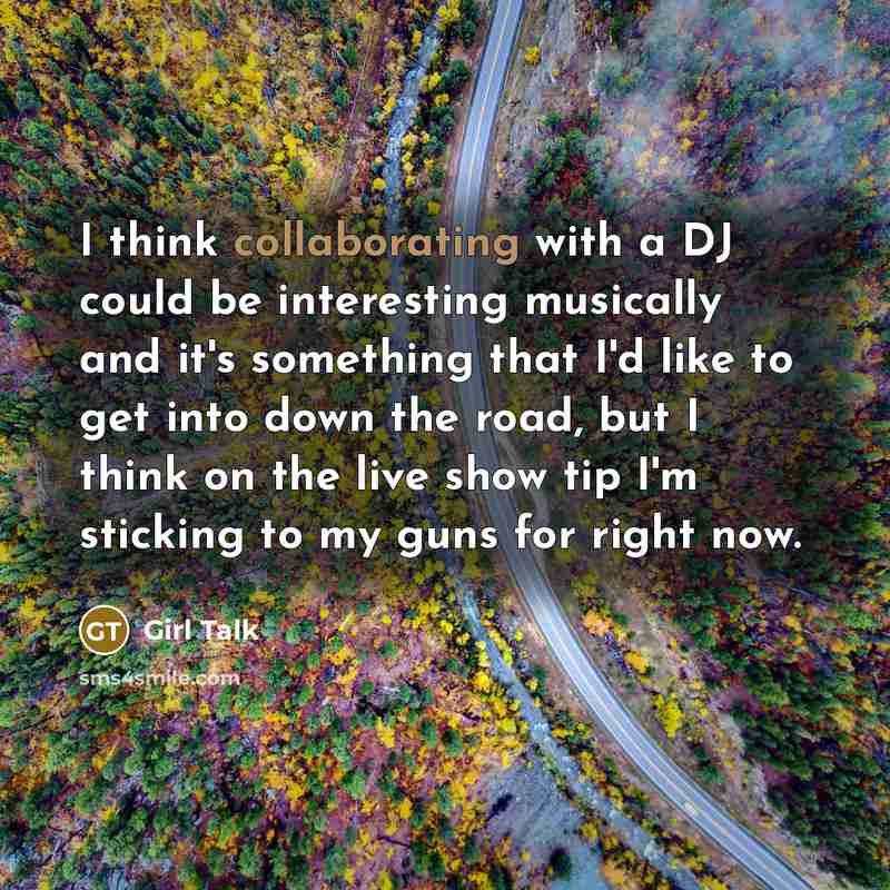 “I think collaborating with a DJ could be interesting musically and it's something that I'd like to get into down the road, but I think on the live show tip I'm sticking to my guns for right now.” quote by Girl Talk