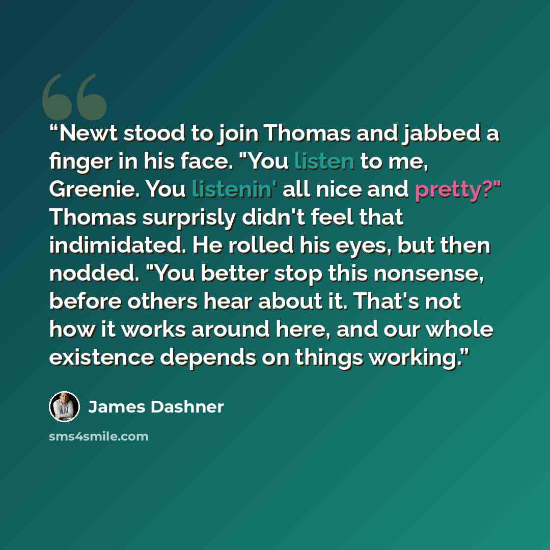 “Newt stood to join Thomas and jabbed a finger in his face. "You listen to me, Greenie. You listenin' all nice and pretty?" Thomas surprisly didn't feel that indimidated. He rolled his eyes, but then nodded. "You better stop this nonsense, before others hear about it. That's not how it works around…” quote by James Dashner