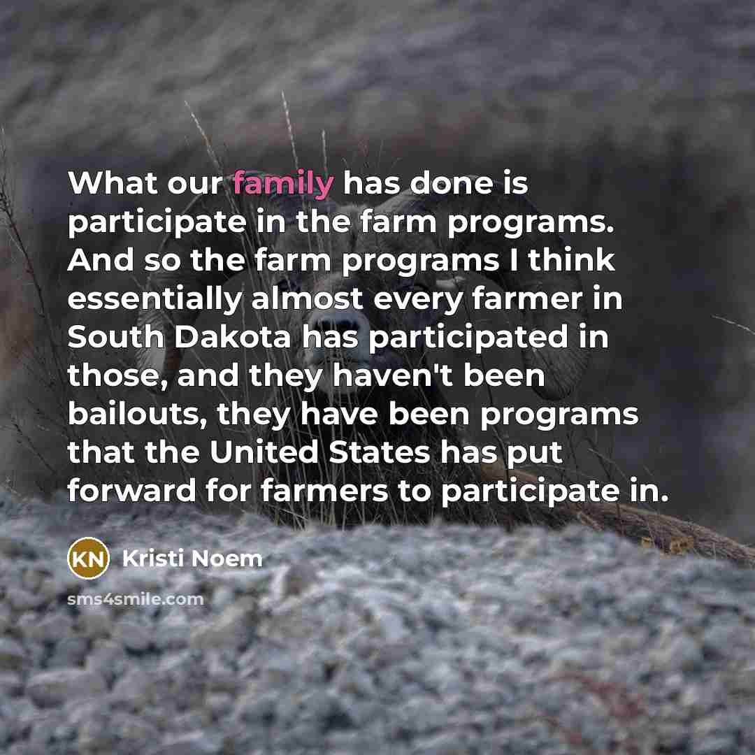 “What our family has done is participate in the farm programs. And so the farm programs I think essentially almost every farmer in South Dakota has participated in those, and they haven't been bailouts, they have been programs that the United States has put forward for farmers to participate in.” quote by Kristi Noem