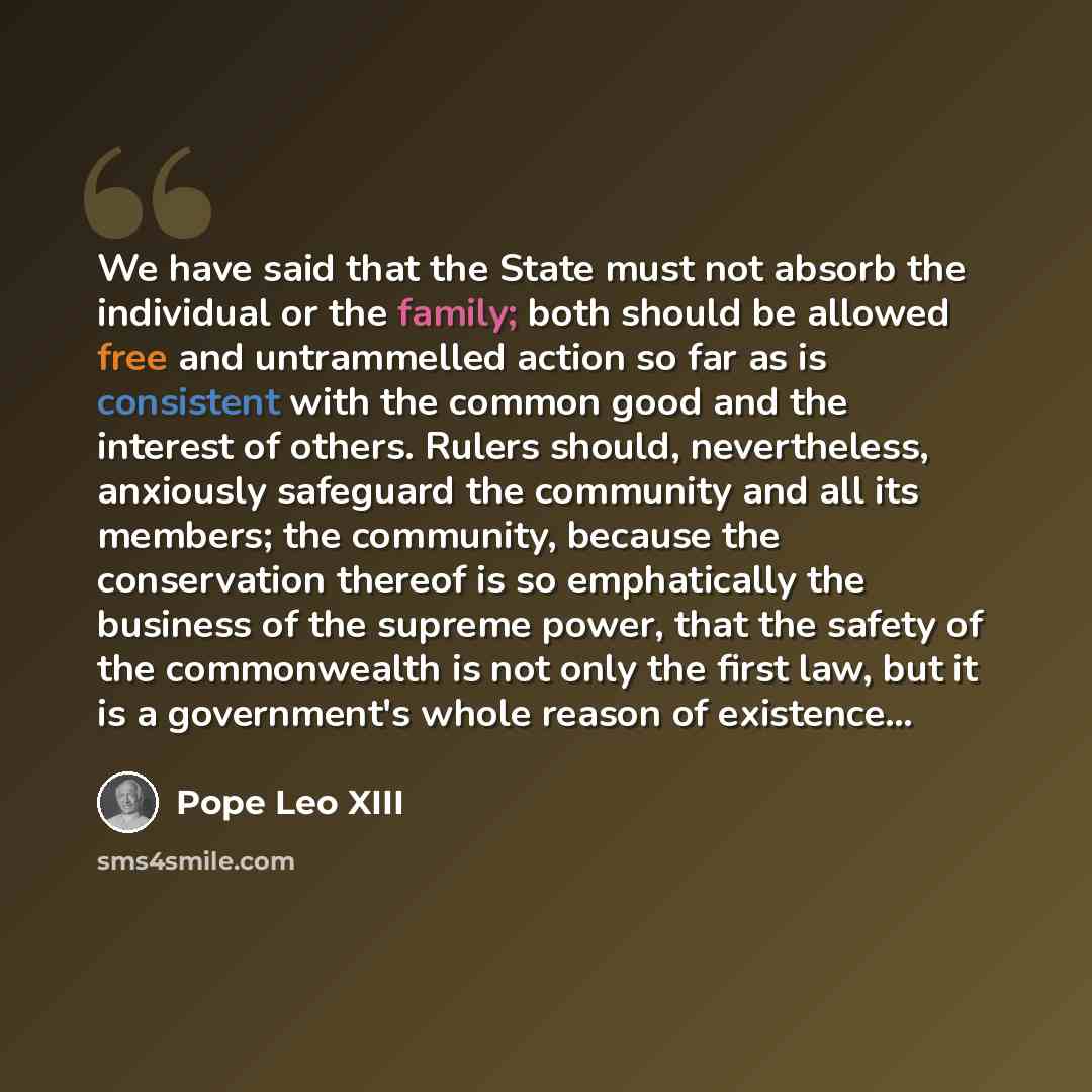 “We have said that the State must not absorb the individual or the family; both should be allowed free and untrammelled action so far as is consistent with the common good and the interest of others. Rulers should, nevertheless, anxiously safeguard the community and all its members; the community…” quote by Pope Leo XIII