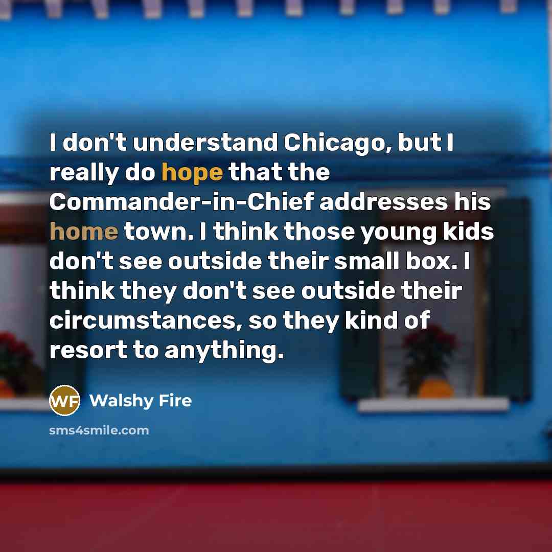 “I don't understand Chicago, but I really do hope that the Commander-in-Chief addresses his home town. I think those young kids don't see outside their small box. I think they don't see outside their circumstances, so they kind of resort to anything.” quote by Walshy Fire