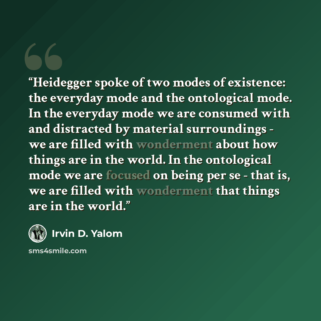 “Heidegger spoke of two modes of existence: the everyday mode and the ontological mode. In the everyday mode we are consumed with and distracted by material surroundings - we are filled with wonderment about how things are in the world. In the ontological mode we are focused on being per se - that…” quote by Irvin D. Yalom