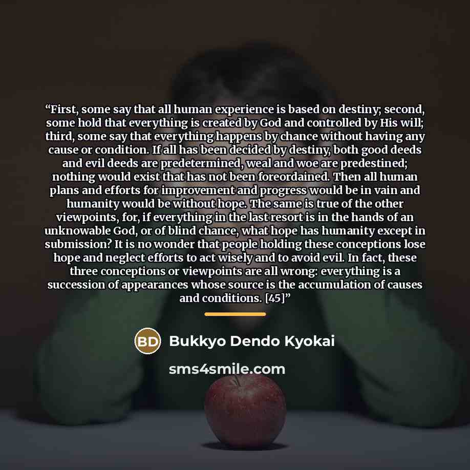“First, some say that all human experience is based on destiny; second, some hold that everything is created by God and controlled by His will; third, some say that everything happens by chance without having any cause or condition. If all has been decided by destiny, both good deeds and evil deeds…” quote by Bukkyo Dendo Kyokai