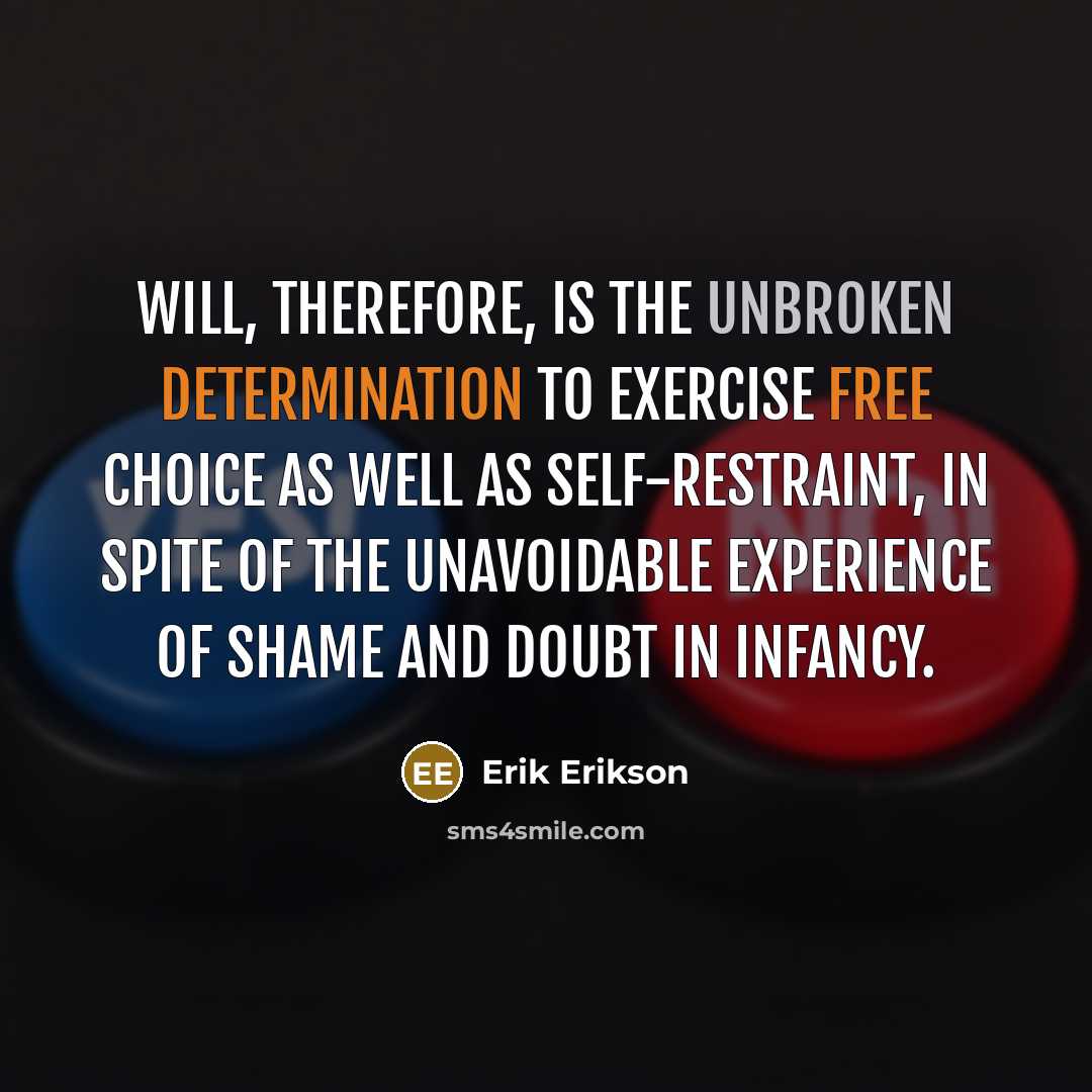 “Will, therefore, is the unbroken determination to exercise free choice as well as self-restraint, in spite of the unavoidable experience of shame and doubt in infancy.” quote by Erik Erikson
