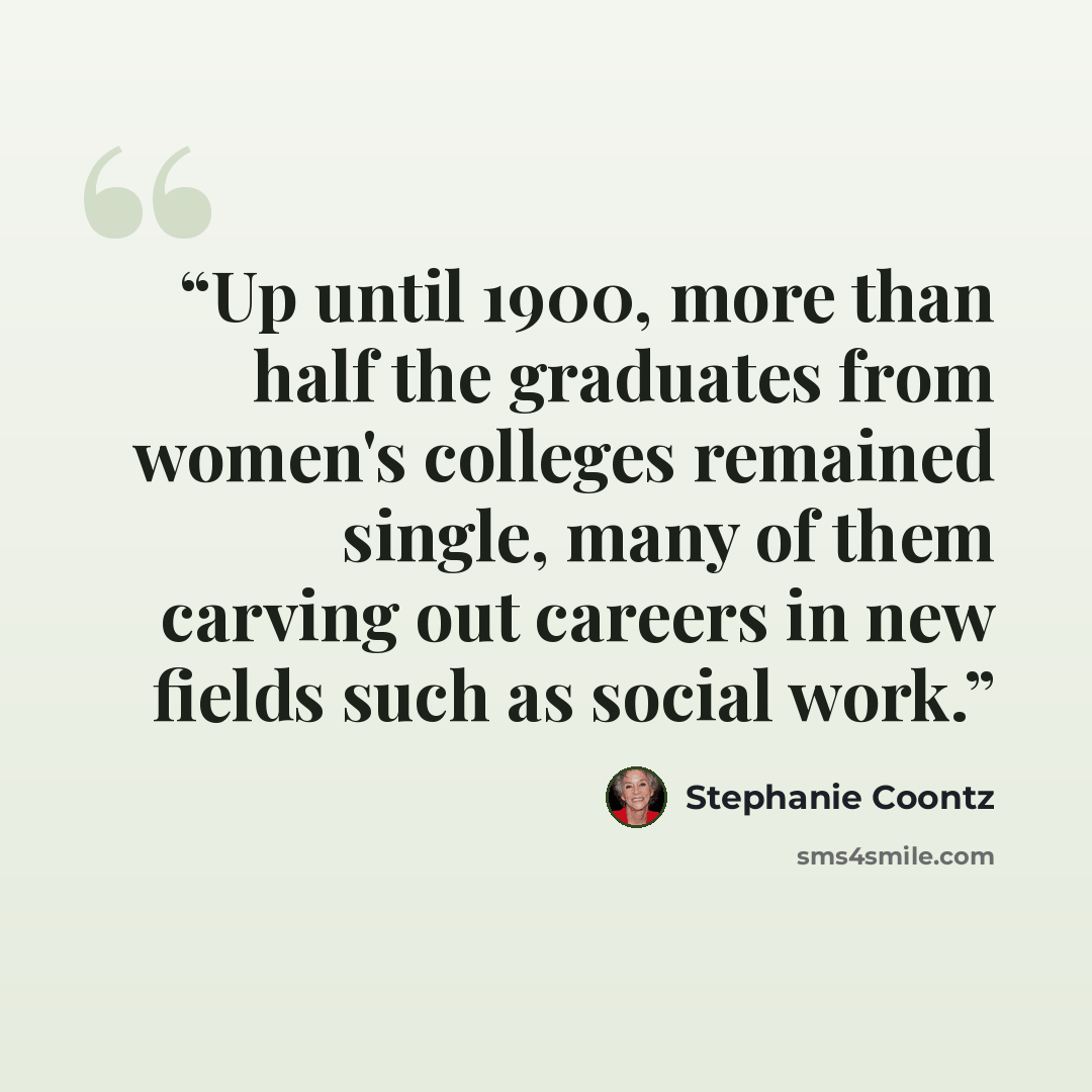 “Up until 1900, more than half the graduates from women's colleges remained single, many of them carving out careers in new fields such as social work.” quote by Stephanie Coontz