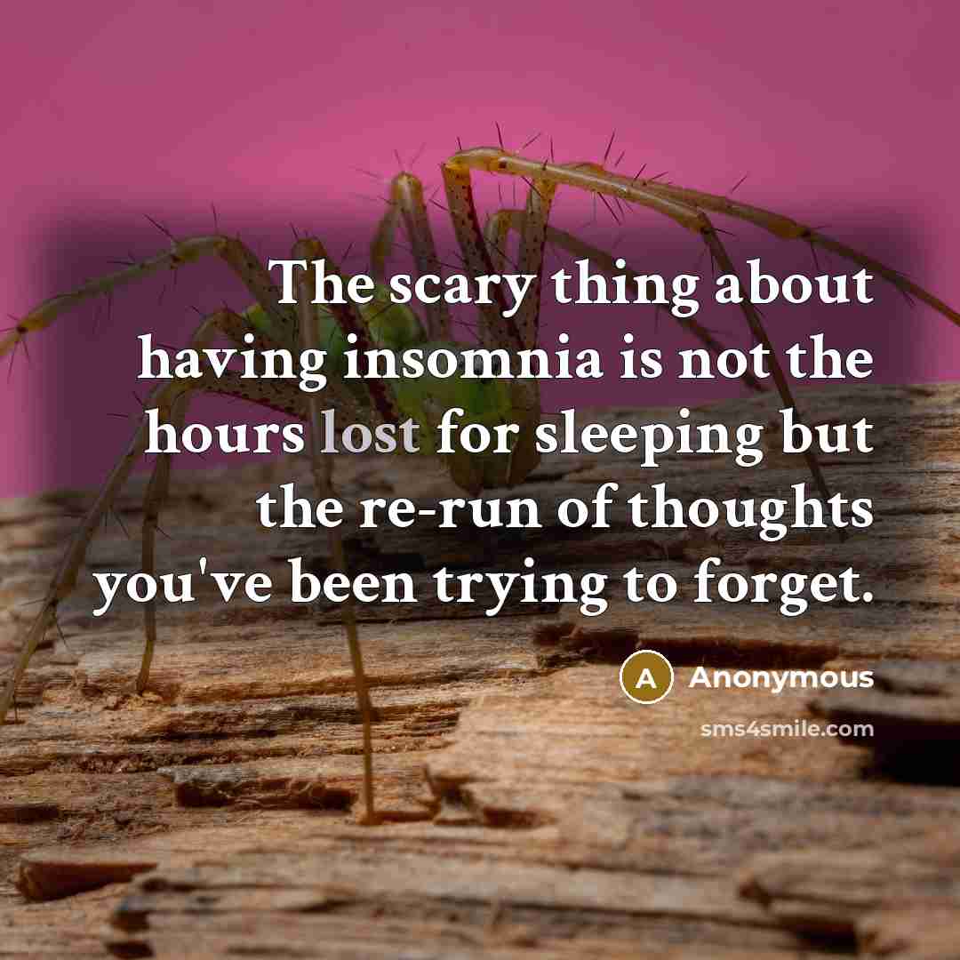 “The scary thing about having insomnia is not the hours lost for sleeping but the re-run of thoughts you've been trying to forget.” quote by Anonymous