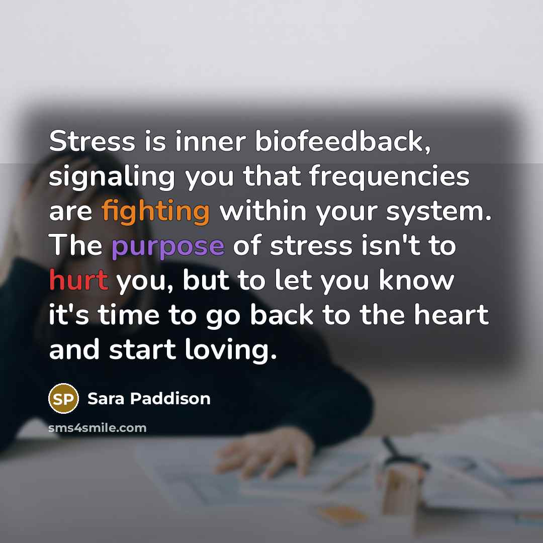 “Stress is inner biofeedback, signaling you that frequencies are fighting within your system. The purpose of stress isn't to hurt you, but to let you know it's time to go back to the heart and start loving.” quote by Sara Paddison