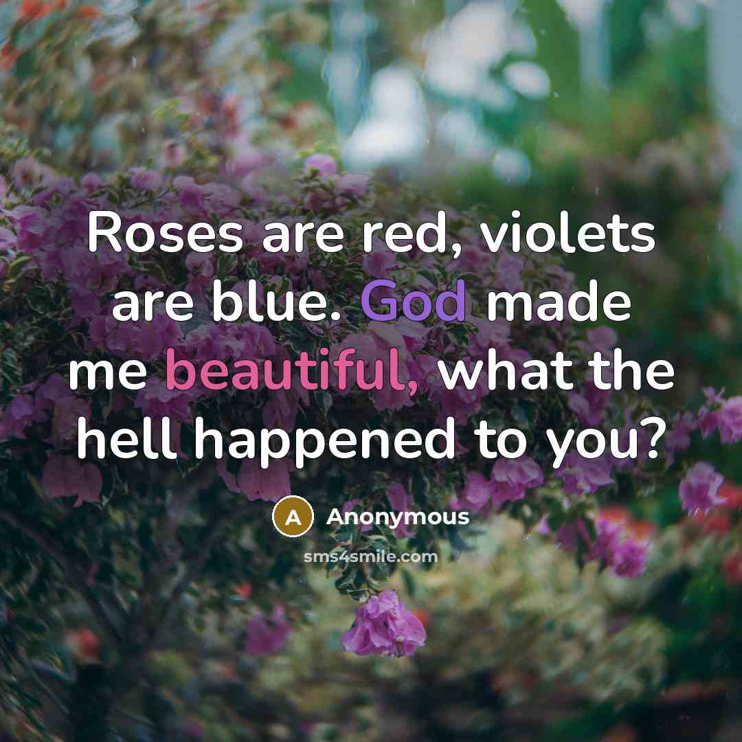 “Roses are red, violets are blue. God made me beautiful, what the hell happened to you?” quote by Anonymous