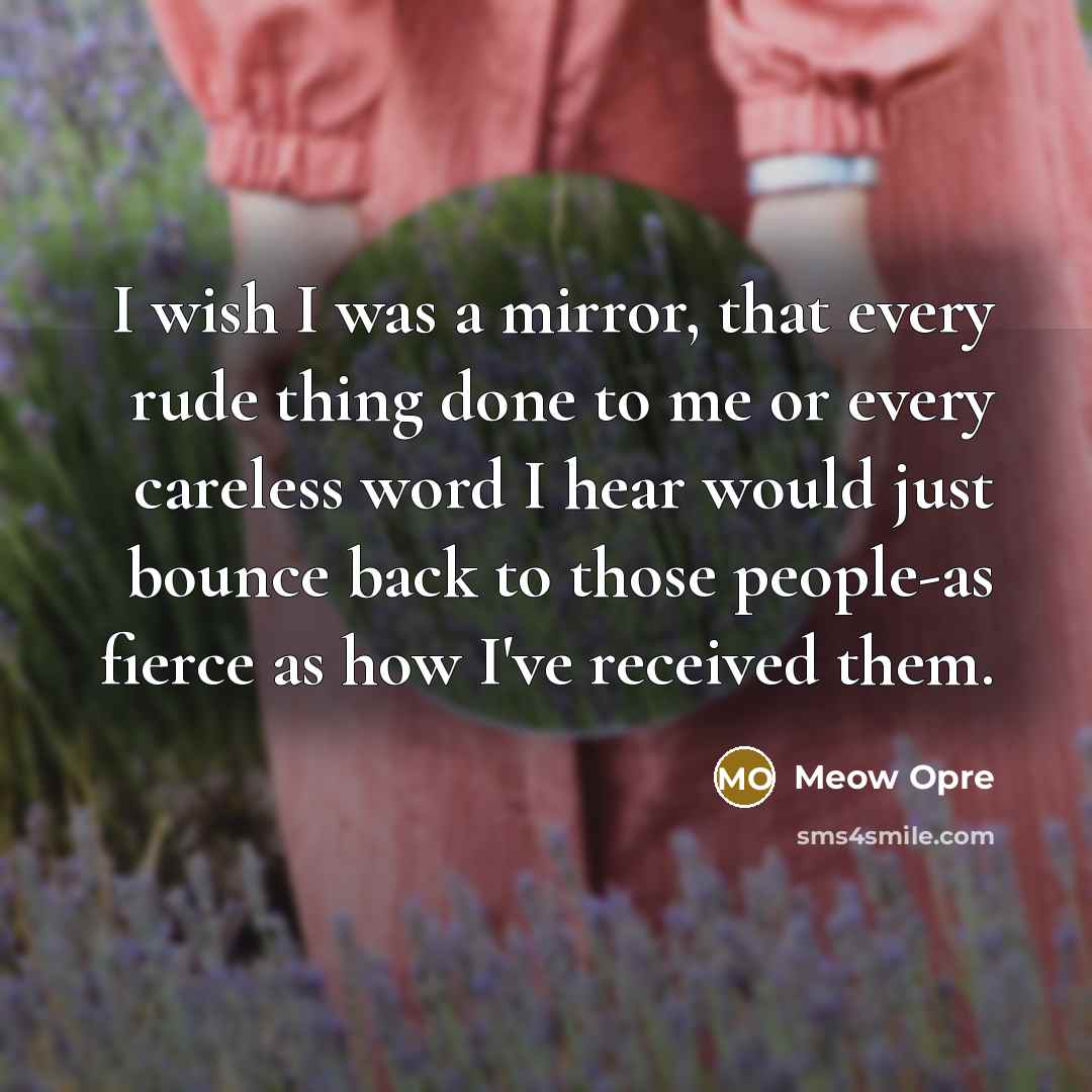 “I wish I was a mirror, that every rude thing done to me or every careless word I hear would just bounce back to those people-as fierce as how I've received them.” quote by Meow Opre