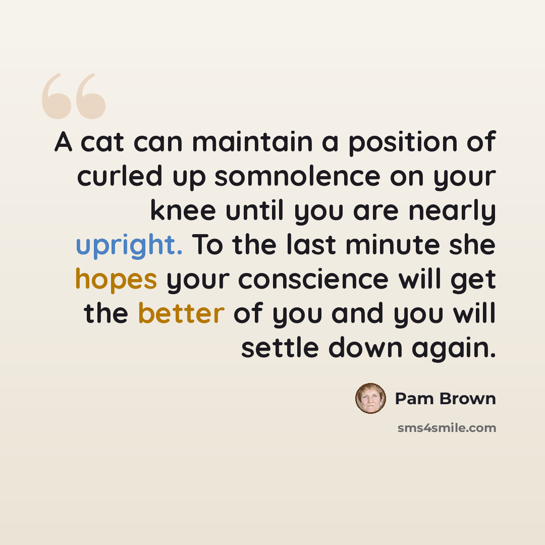 “A cat can maintain a position of curled up somnolence on your knee until you are nearly upright. To the last minute she hopes your conscience will get the better of you and you will settle down again.” quote by Pam Brown