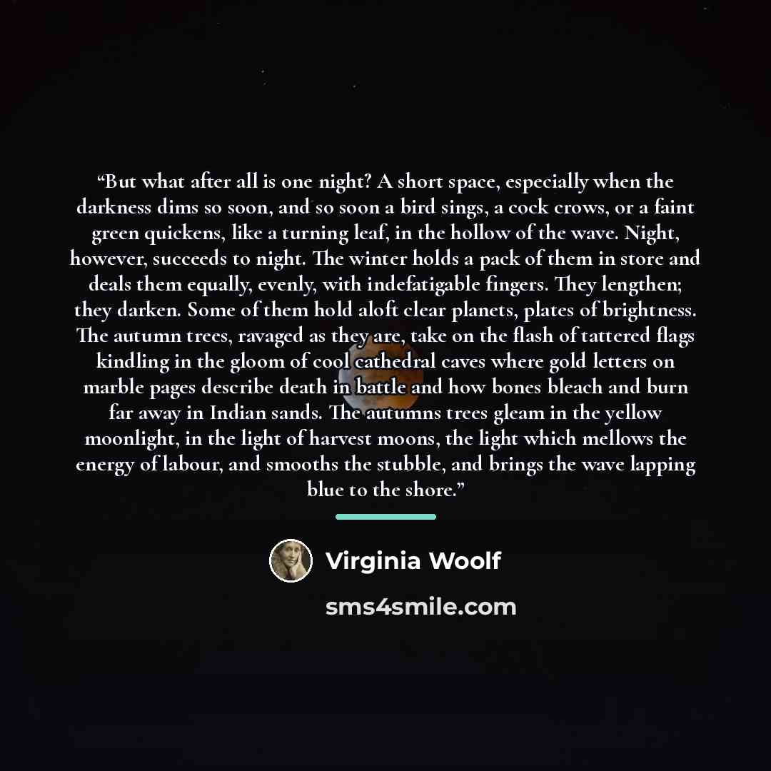 “But what after all is one night? A short space, especially when the darkness dims so soon, and so soon a bird sings, a cock crows, or a faint green quickens, like a turning leaf, in the hollow of the wave. Night, however, succeeds to night. The winter holds a pack of them in store and deals them…” quote by Virginia Woolf