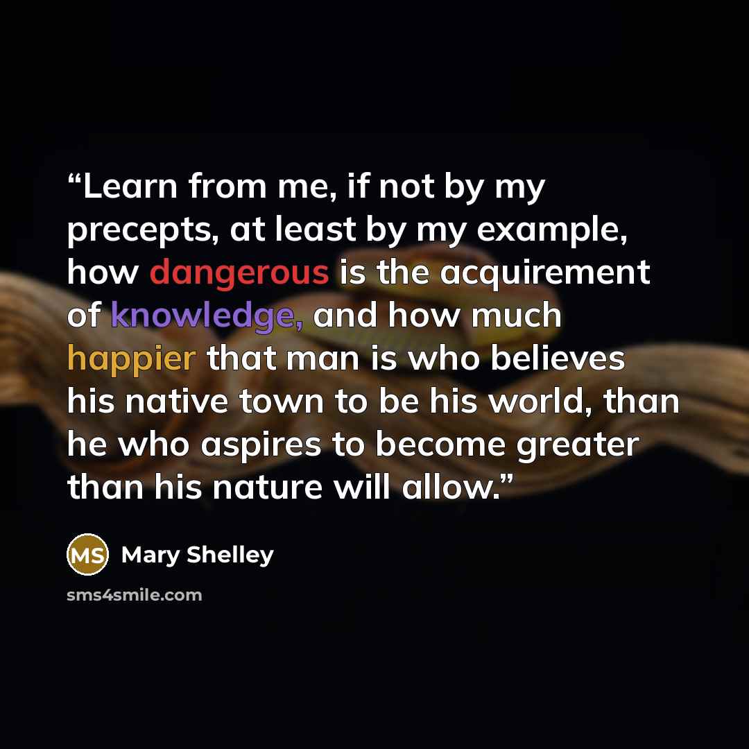 “Learn from me, if not by my precepts, at least by my example, how dangerous is the acquirement of knowledge, and how much happier that man is who believes his native town to be his world, than he who aspires to become greater than his nature will allow.” quote by Mary Shelley