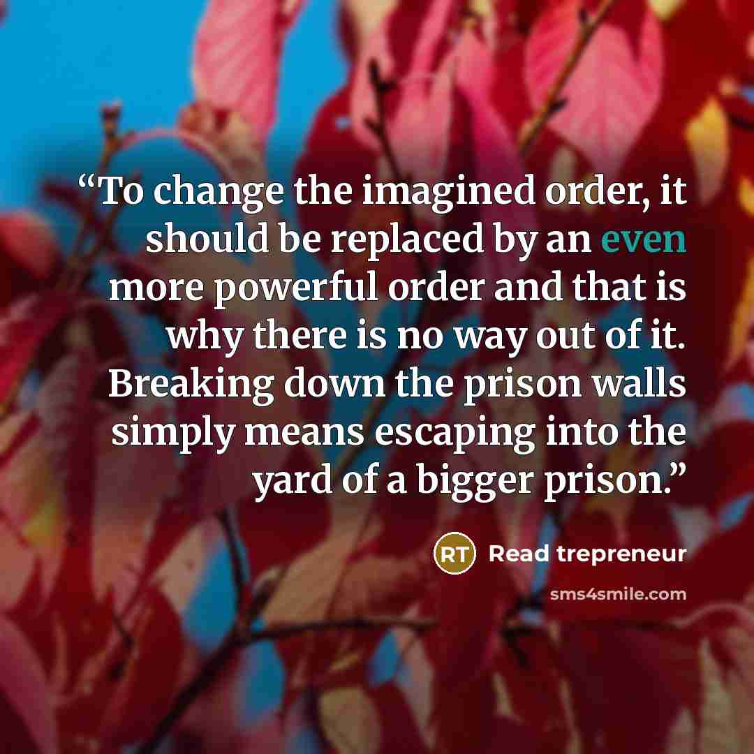 “To change the imagined order, it should be replaced by an even more powerful order and that is why there is no way out of it. Breaking down the prison walls simply means escaping into the yard of a bigger prison.” quote by Read trepreneur