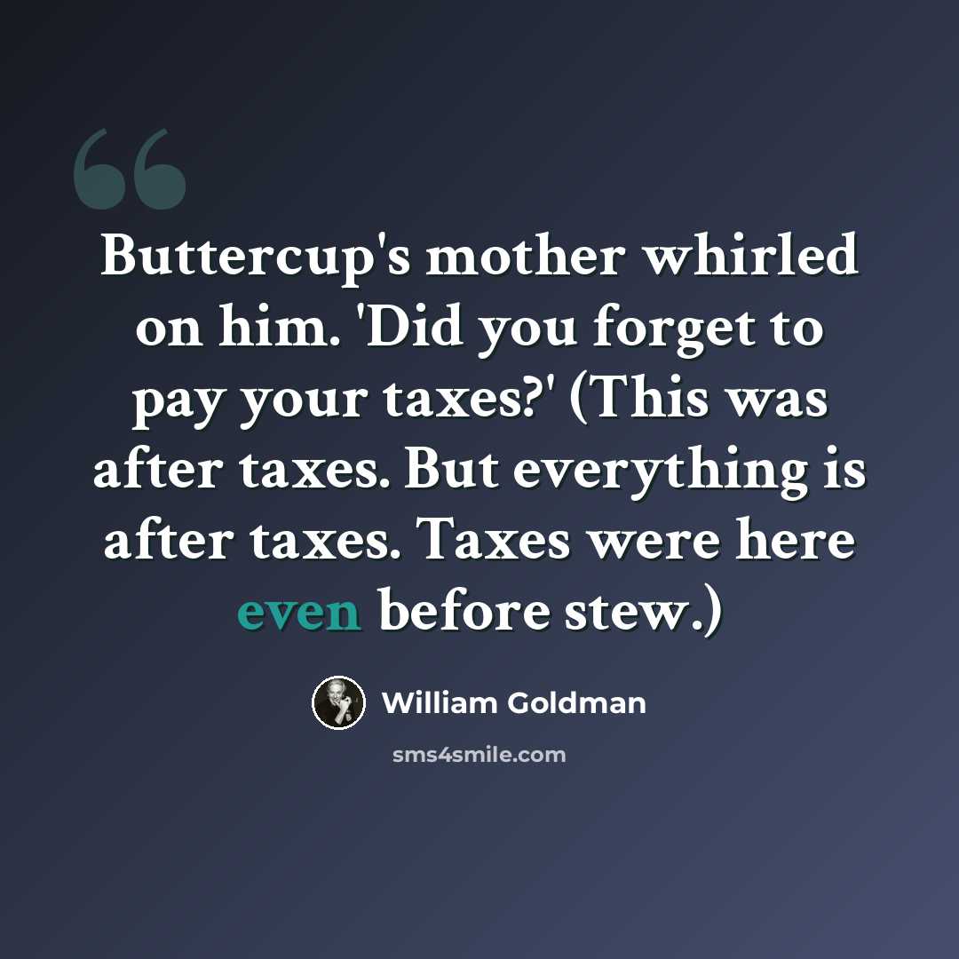 “Buttercup's mother whirled on him. 'Did you forget to pay your taxes?' (This was after taxes. But everything is after taxes. Taxes were here even before stew.)” quote by William Goldman