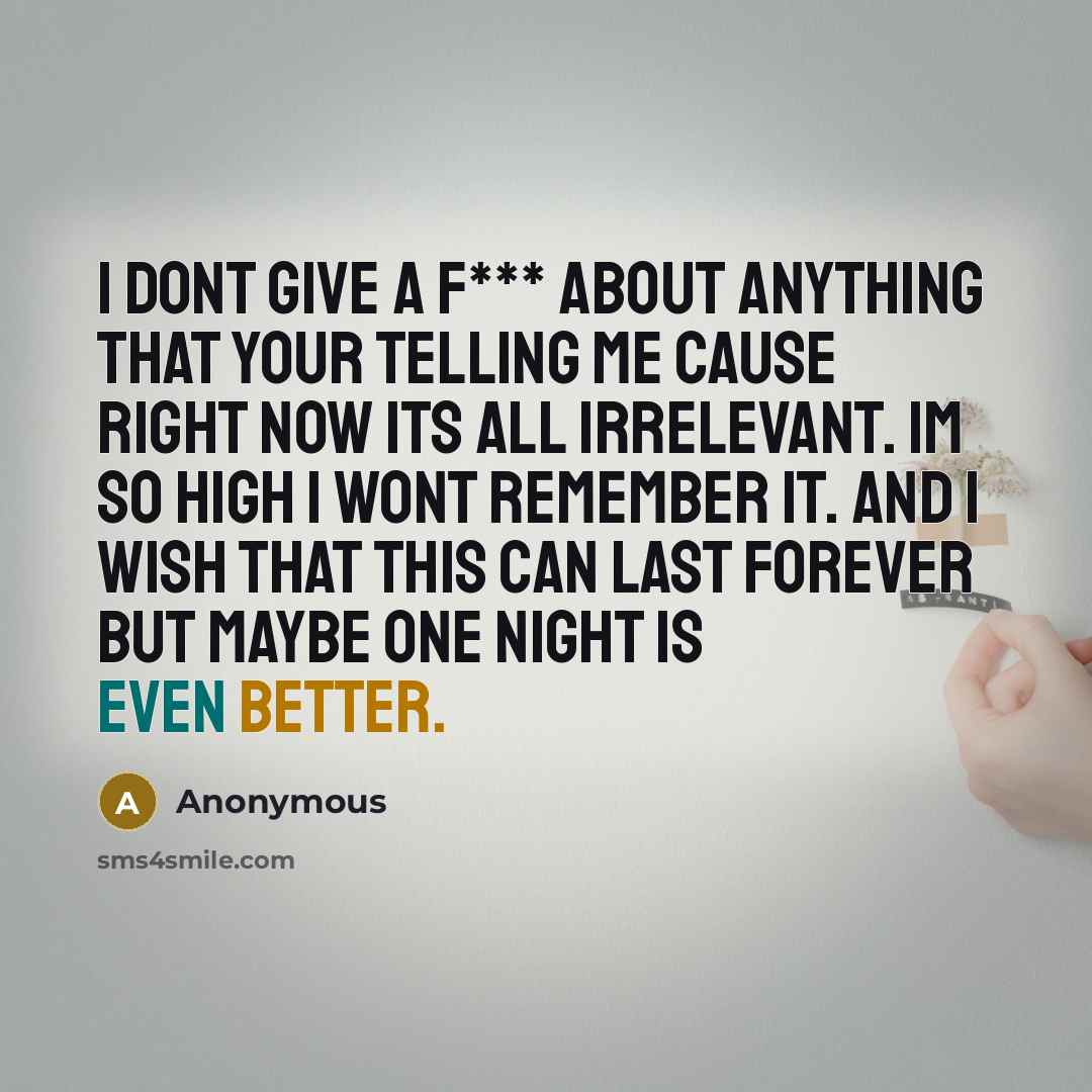 “I Dont Give A F*** About Anything That Your Telling Me Cause Right Now Its All Irrelevant. Im So High I Wont Remember It. And I Wish That This Can Last Forever But Maybe One Night Is Even Better.” quote by Anonymous
