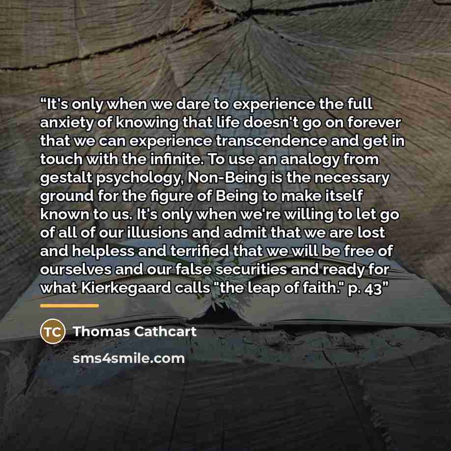 “It's only when we dare to experience the full anxiety of knowing that life doesn't go on forever that we can experience transcendence and get in touch with the infinite. To use an analogy from gestalt psychology, Non-Being is the necessary ground for the figure of Being to make itself known to us…” quote by Thomas Cathcart