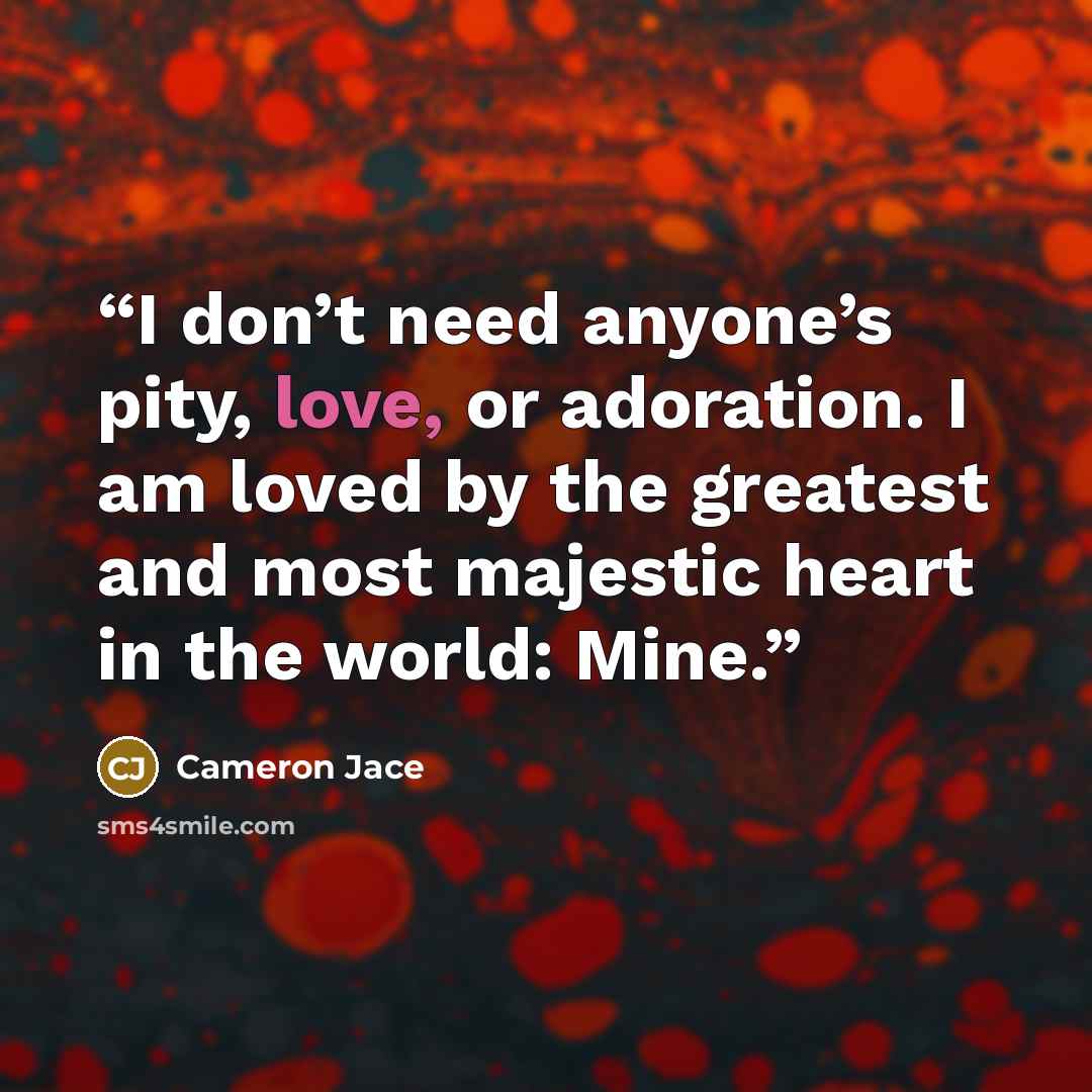 “I don’t need anyone’s pity, love, or adoration. I am loved by the greatest and most majestic heart in the world: Mine.” quote by Cameron Jace