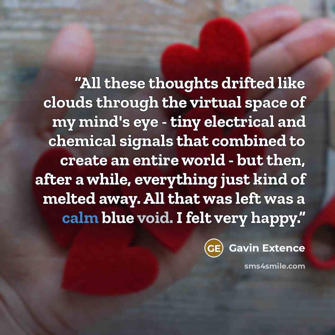 “All these thoughts drifted like clouds through the virtual space of my mind's eye - tiny electrical and chemical signals that combined to create an entire world - but then, after a while, everything just kind of melted away. All that was left was a calm blue void. I felt very happy.” quote by Gavin Extence