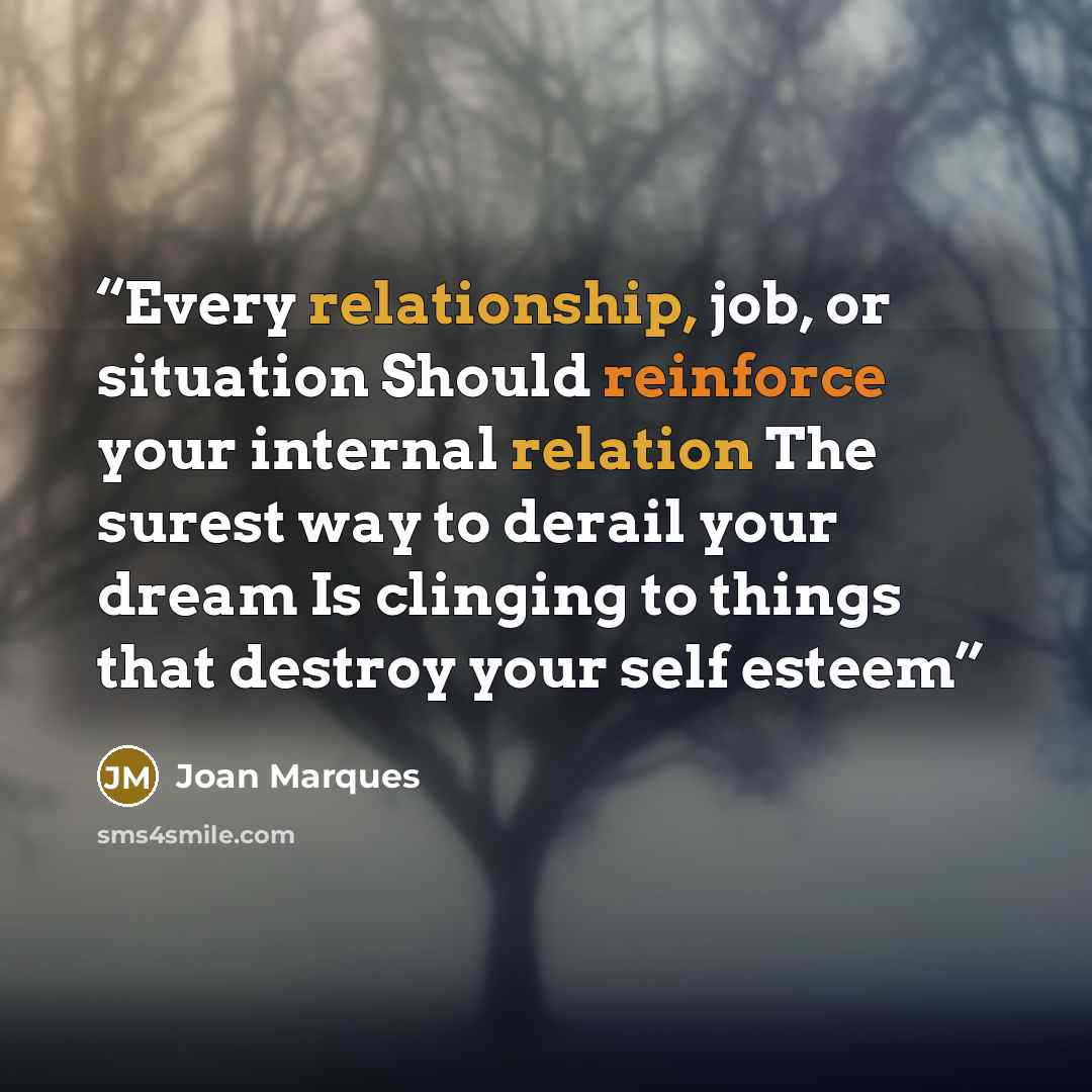“Every relationship, job, or situation Should reinforce your internal relation The surest way to derail your dream Is clinging to things that destroy your self esteem” quote by Joan Marques