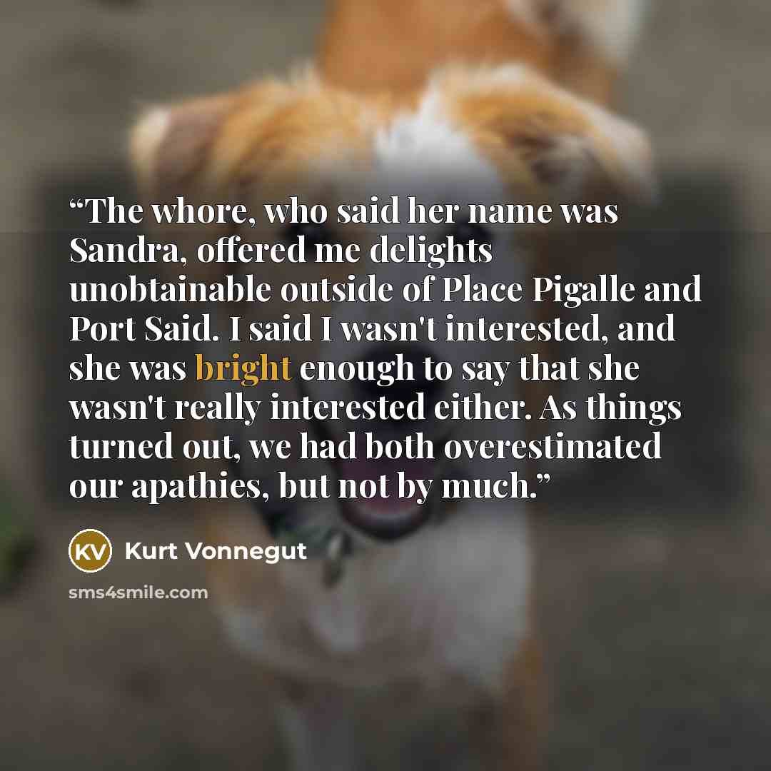 “The whore, who said her name was Sandra, offered me delights unobtainable outside of Place Pigalle and Port Said. I said I wasn't interested, and she was bright enough to say that she wasn't really interested either. As things turned out, we had both overestimated our apathies, but not by much.” quote by Kurt Vonnegut