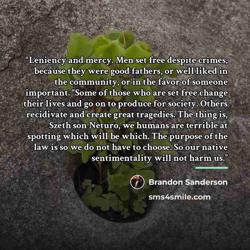 “Leniency and mercy. Men set free despite crimes, because they were good fathers, or well liked in the community, or in the favor of someone important. “Some of those who are set free change their lives and go on to produce for society. Others recidivate and create great tragedies. The thing is…” quote by Brandon Sanderson
