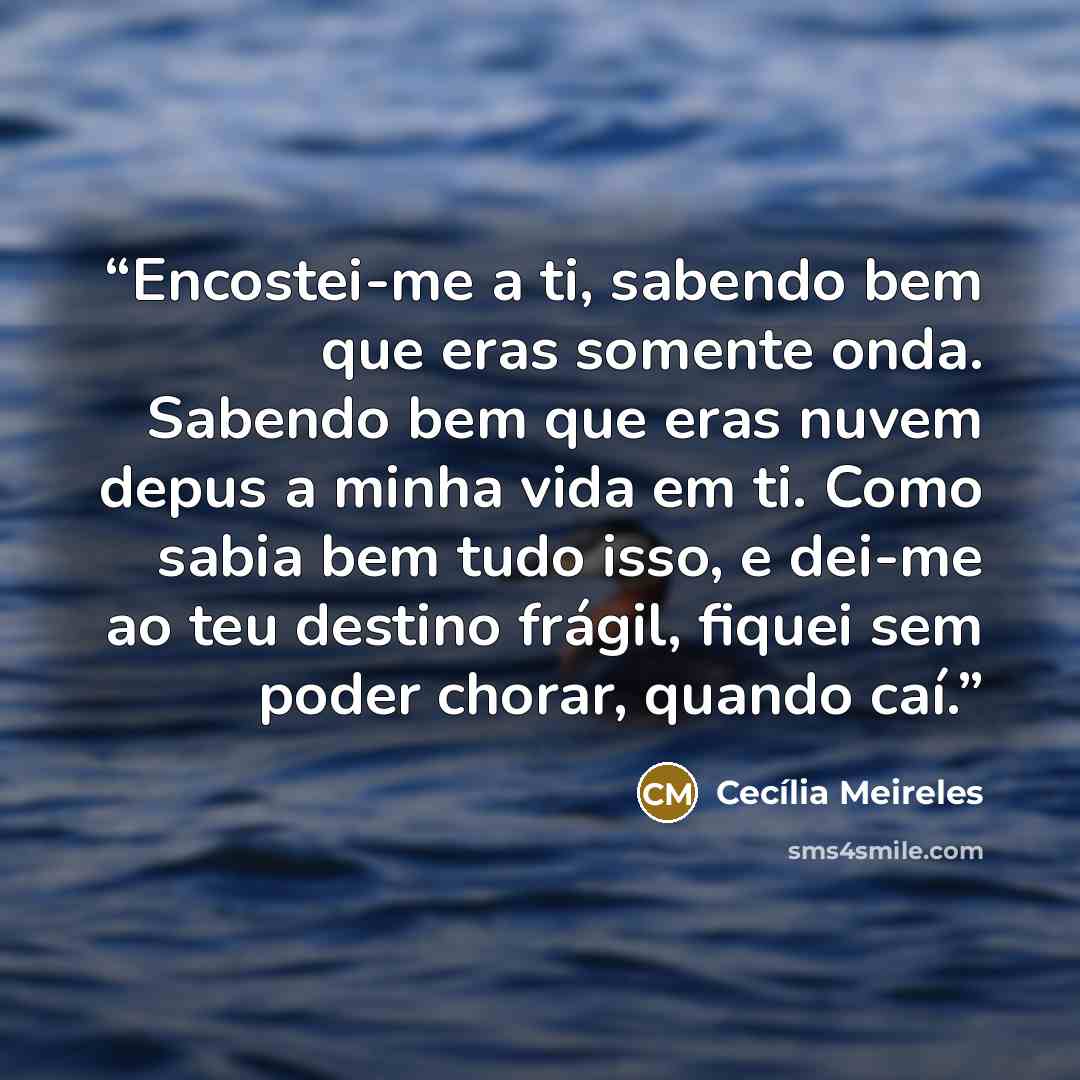 “Encostei-me a ti, sabendo bem que eras somente onda. Sabendo bem que eras nuvem depus a minha vida em ti. Como sabia bem tudo isso, e dei-me ao teu destino frágil, fiquei sem poder chorar, quando caí.” quote by Cecília Meireles