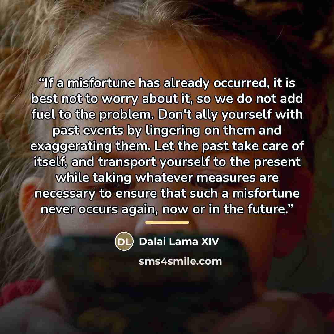 “If a misfortune has already occurred, it is best not to worry about it, so we do not add fuel to the problem. Don't ally yourself with past events by lingering on them and exaggerating them. Let the past take care of itself, and transport yourself to the present while taking whatever measures are…” quote by Dalai Lama XIV