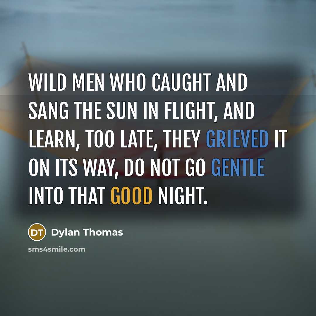 “Wild men who caught and sang the sun in flight, And learn, too late, they grieved it on its way, Do not go gentle into that good night.” quote by Dylan Thomas