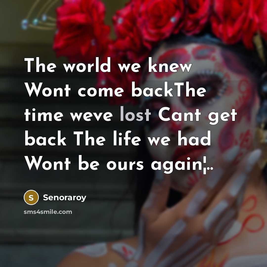 “The world we knew Wont come backThe time weve lost Cant get back The life we had Wont be ours again¦..” quote by Senoraroy