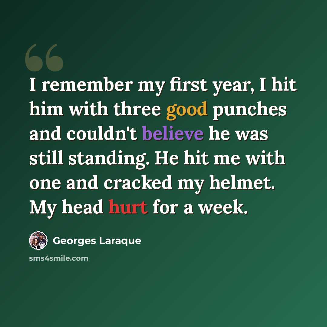 “I remember my first year, I hit him with three good punches and couldn't believe he was still standing. He hit me with one and cracked my helmet. My head hurt for a week.” quote by Georges Laraque