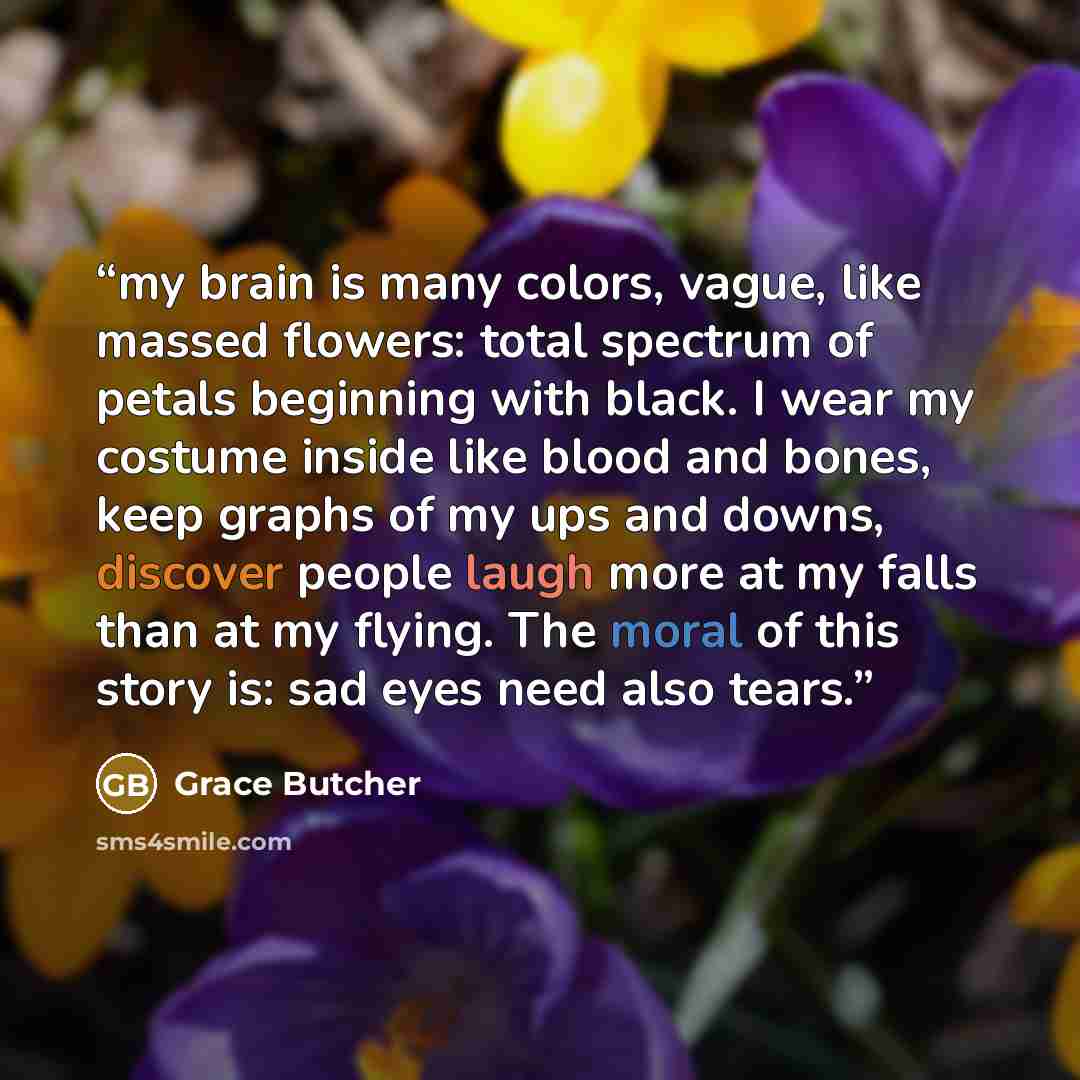 “my brain is many colors, vague, like massed flowers: total spectrum of petals beginning with black. I wear my costume inside like blood and bones, keep graphs of my ups and downs, discover people laugh more at my falls than at my flying. The moral of this story is: sad eyes need also tears.” quote by Grace Butcher