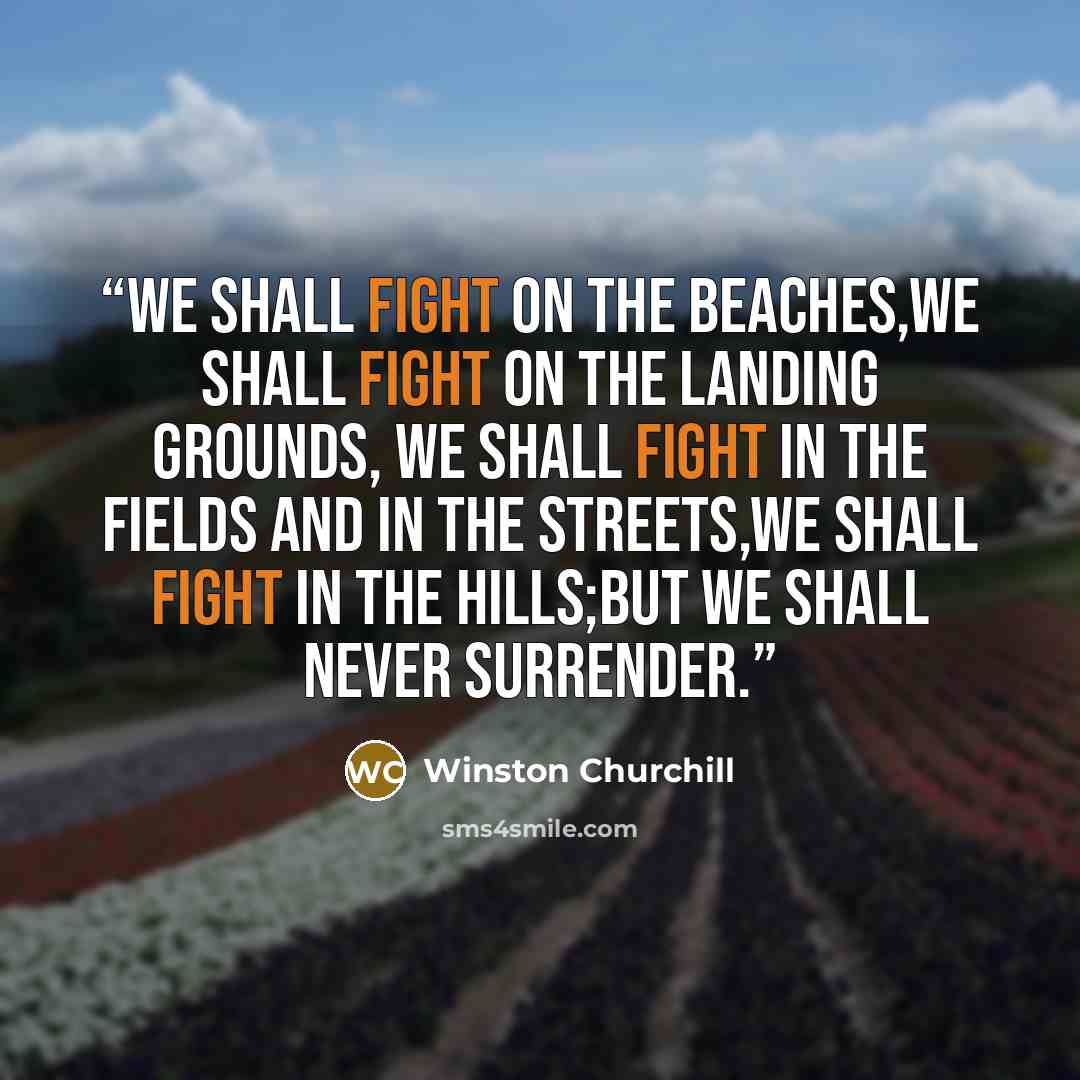 “We shall fight on the beaches,we shall fight on the landing grounds, we shall fight in the fields and in the streets,we shall fight in the hills;but we shall never surrender.” quote by Winston Churchill