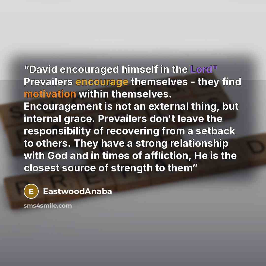 “David encouraged himself in the Lord" Prevailers encourage themselves - they find motivation within themselves. Encouragement is not an external thing, but internal grace. Prevailers don't leave the responsibility of recovering from a setback to others. They have a strong relationship with God and…” quote by EastwoodAnaba
