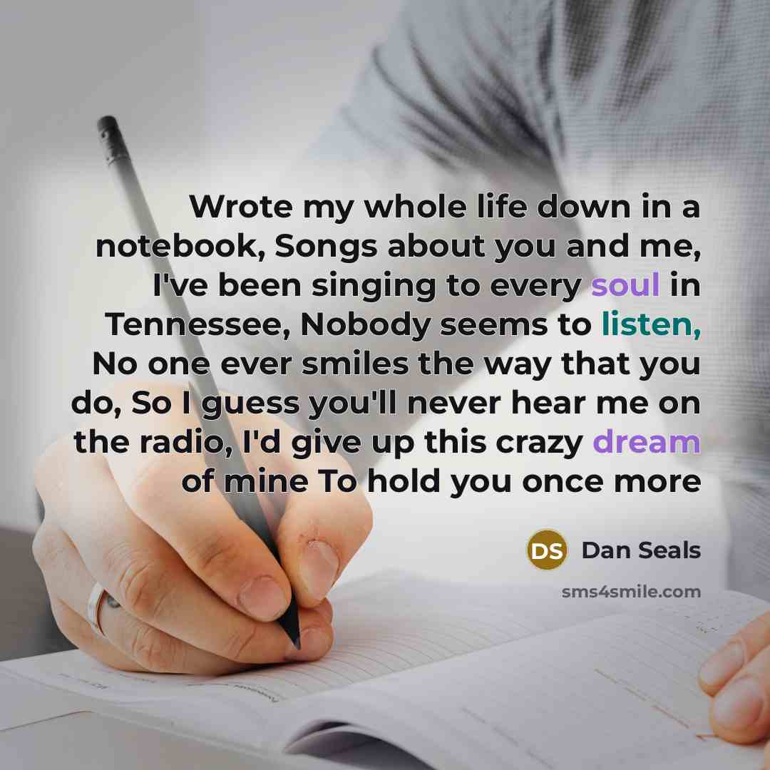 “Wrote my whole life down in a notebook, Songs about you and me, I've been singing to every soul in Tennessee, Nobody seems to listen, No one ever smiles the way that you do, So I guess you'll never hear me on the radio, I'd give up this crazy dream of mine To hold you once more” quote by Dan Seals