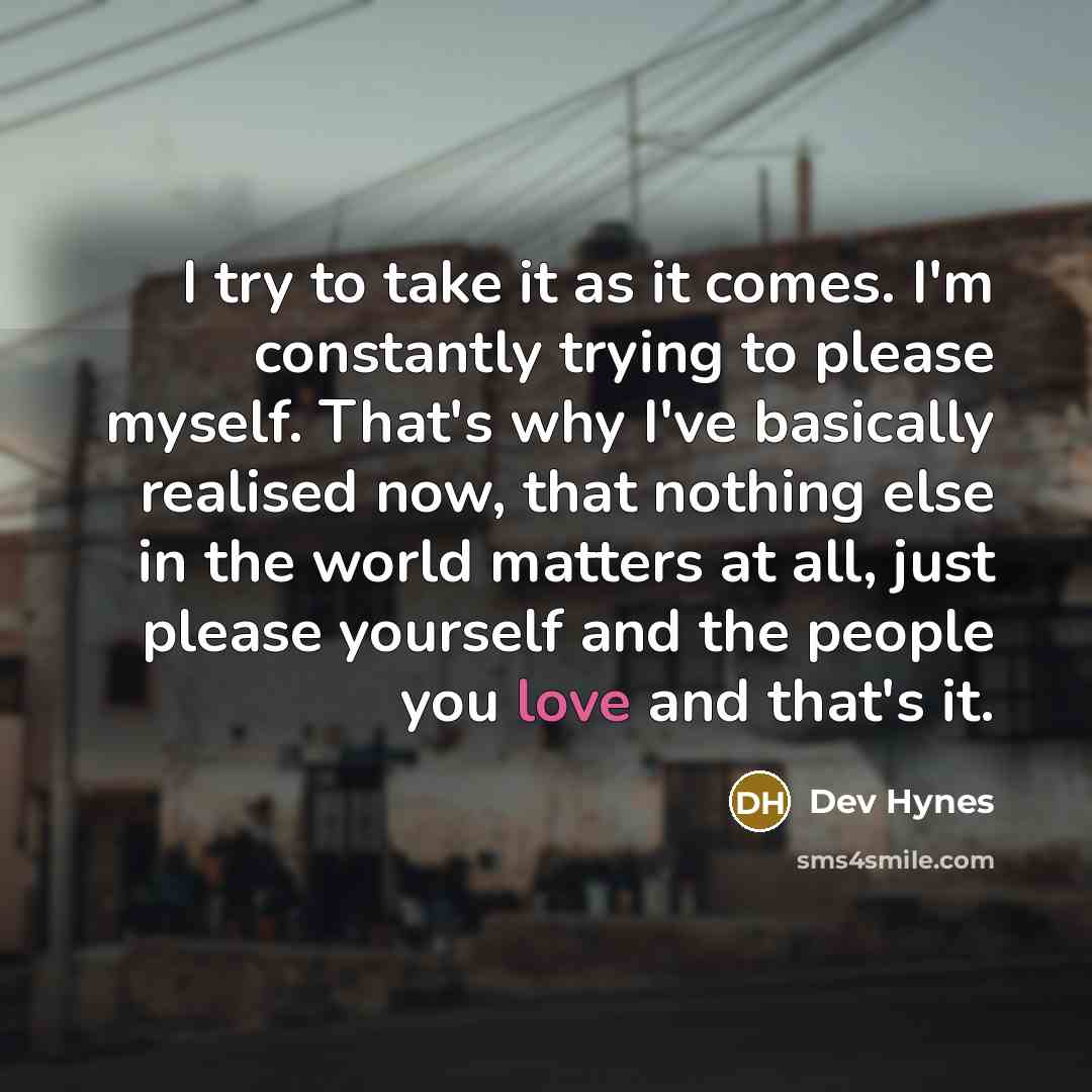 “I try to take it as it comes. I'm constantly trying to please myself. That's why I've basically realised now, that nothing else in the world matters at all, just please yourself and the people you love and that's it.” quote by Dev Hynes
