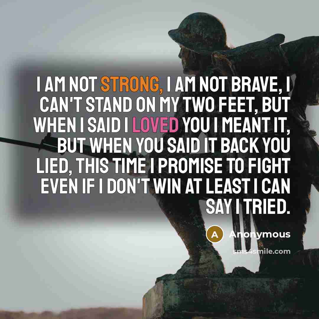 “I am not strong, I am not brave, I can't stand on my two feet, But when I said I loved you I meant it, But when you said it back you lied, This time I promise to fight even if I don't win at least I can say I tried.” quote by Anonymous