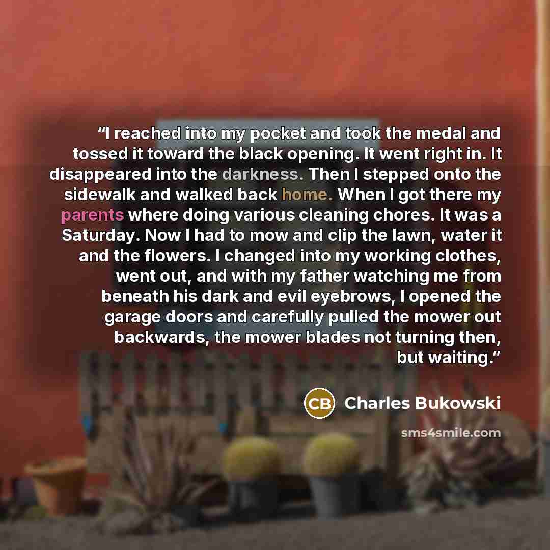 “I reached into my pocket and took the medal and tossed it toward the black opening. It went right in. It disappeared into the darkness. Then I stepped onto the sidewalk and walked back home. When I got there my parents where doing various cleaning chores. It was a Saturday. Now I had to mow and…” quote by Charles Bukowski
