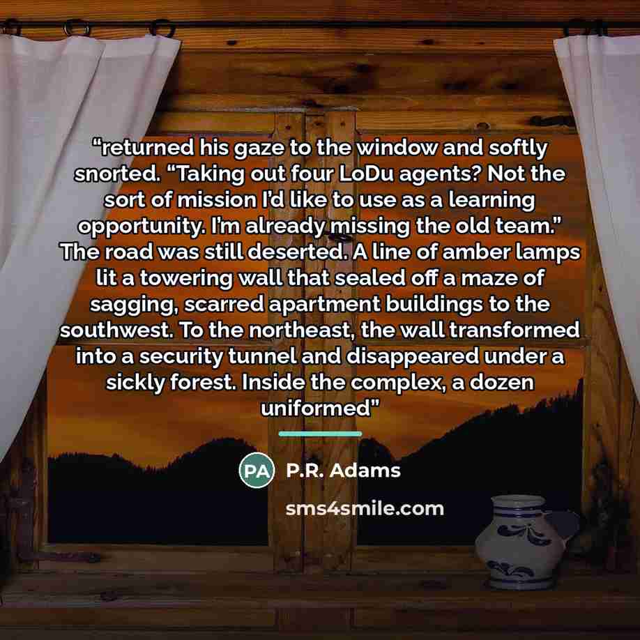 “returned his gaze to the window and softly snorted. “Taking out four LoDu agents? Not the sort of mission I’d like to use as a learning opportunity. I’m already missing the old team.” The road was still deserted. A line of amber lamps lit a towering wall that sealed off a maze of sagging, scarred…” quote by P.R. Adams