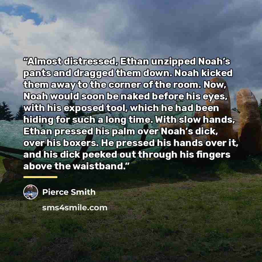 “Almost distressed, Ethan unzipped Noah’s pants and dragged them down. Noah kicked them away to the corner of the room. Now, Noah would soon be naked before his eyes, with his exposed tool, which he had been hiding for such a long time. With slow hands, Ethan pressed his palm over Noah’s dick, over…” quote by Pierce Smith