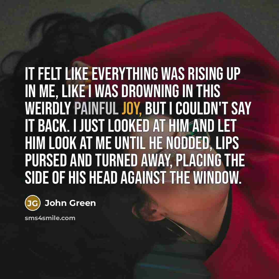 “It felt like everything was rising up in me, like I was drowning in this weirdly painful joy, but I couldn't say it back. I just looked at him and let him look at me until he nodded, lips pursed and turned away, placing the side of his head against the window.” quote by John Green