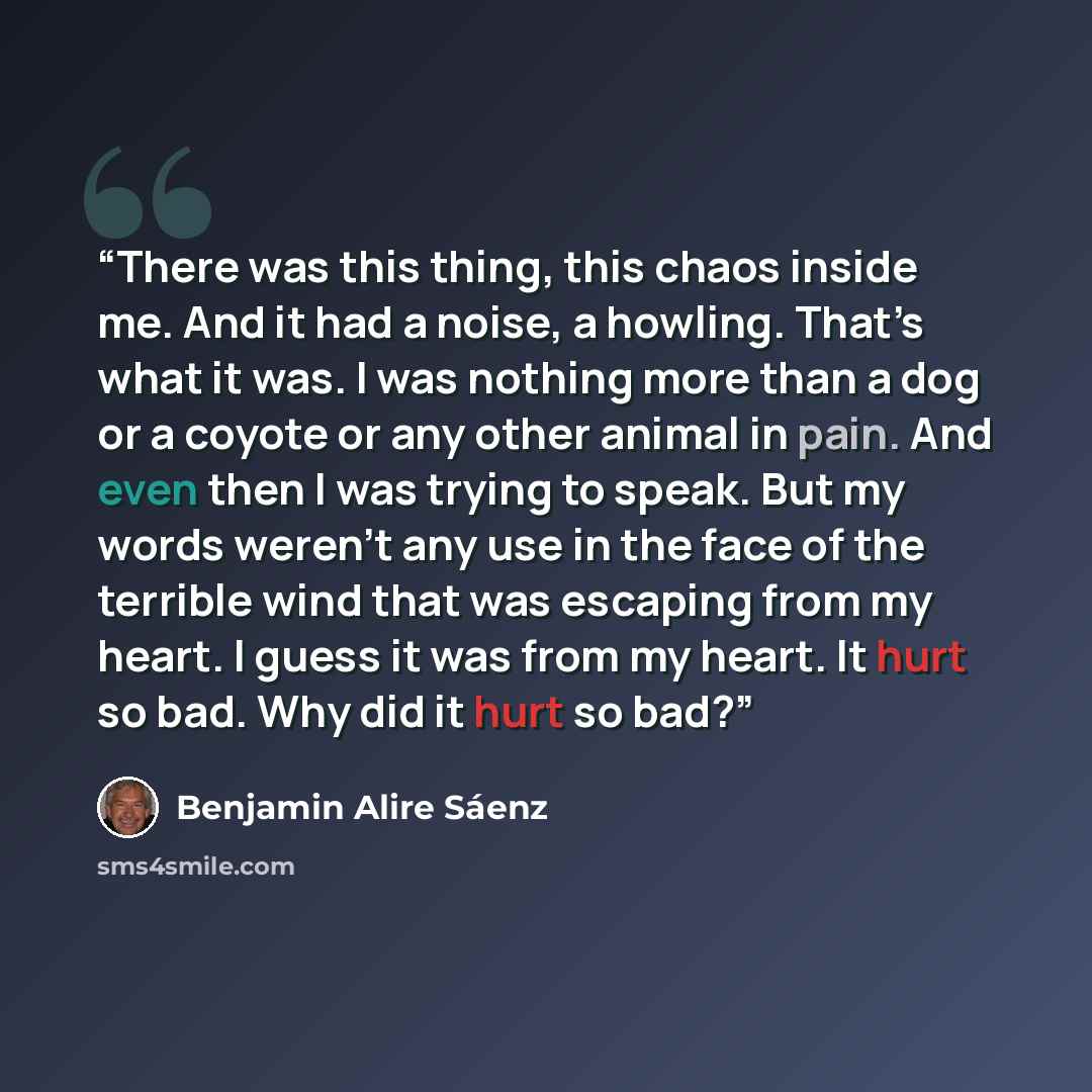 “There was this thing, this chaos inside me. And it had a noise, a howling. That’s what it was. I was nothing more than a dog or a coyote or any other animal in pain. And even then I was trying to speak. But my words weren’t any use in the face of the terrible wind that was escaping from my heart…” quote by Benjamin Alire Sáenz
