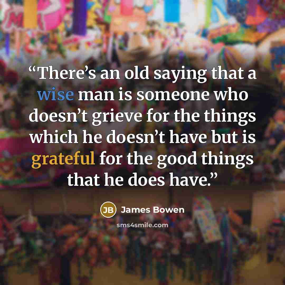 “There’s an old saying that a wise man is someone who doesn’t grieve for the things which he doesn’t have but is grateful for the good things that he does have.” quote by James Bowen