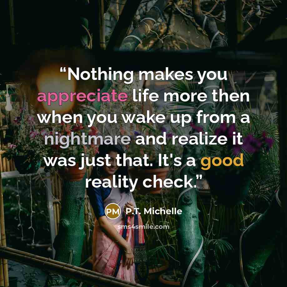 “Nothing makes you appreciate life more then when you wake up from a nightmare and realize it was just that. It's a good reality check.” quote by P.T. Michelle