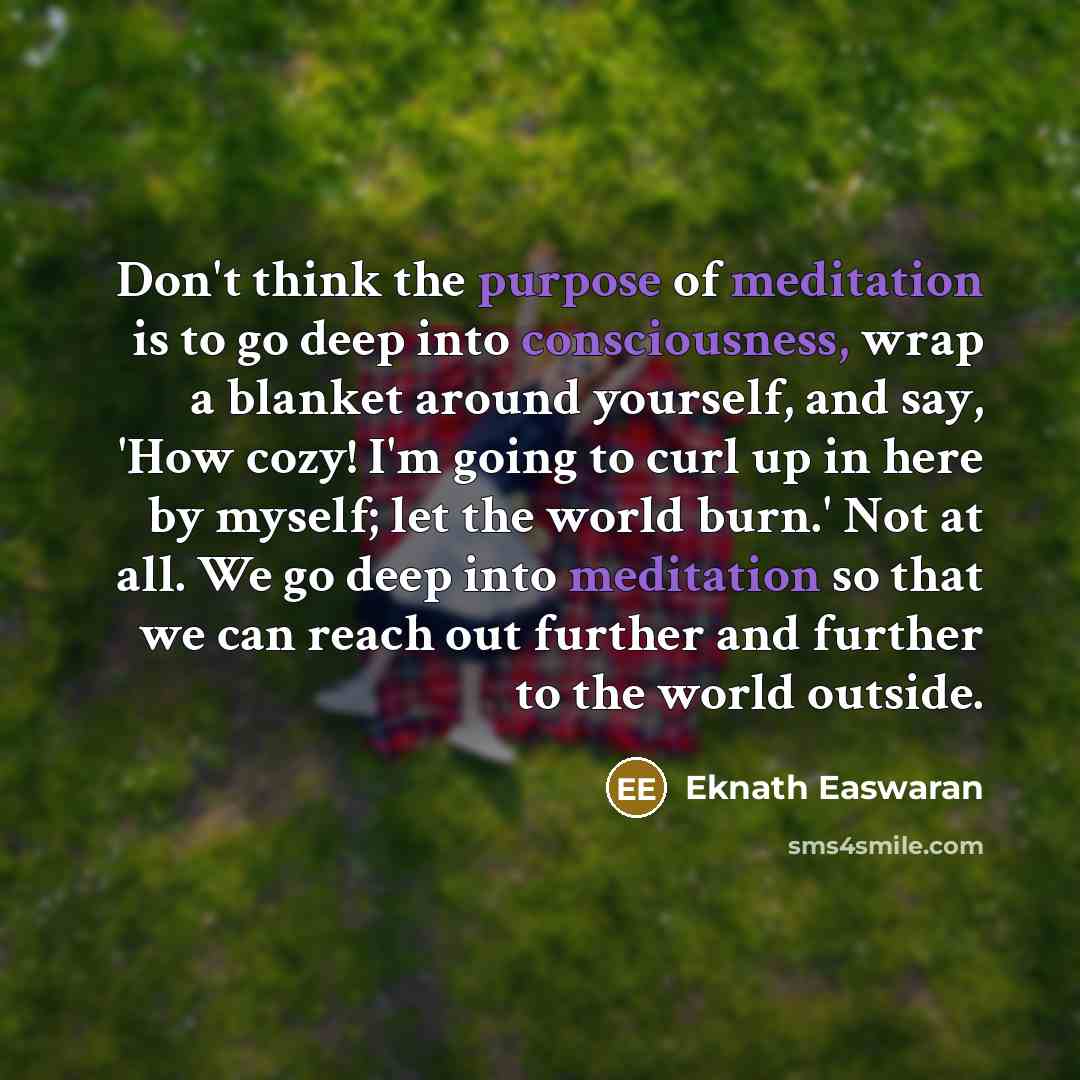 “Don't think the purpose of meditation is to go deep into consciousness, wrap a blanket around yourself, and say, 'How cozy! I'm going to curl up in here by myself; let the world burn.' Not at all. We go deep into meditation so that we can reach out further and further to the world outside.” quote by Eknath Easwaran