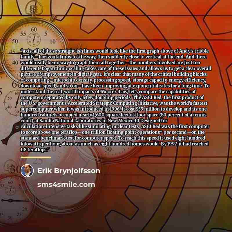 “axis, all of those straight-ish lines would look like the first graph above of Andy’s tribble family—horizontal most of the way, then suddenly close to vertical at the end. And there would really be no way to graph them all together—the numbers involved are just too different. Logarithmic scaling…” quote by Erik Brynjolfsson