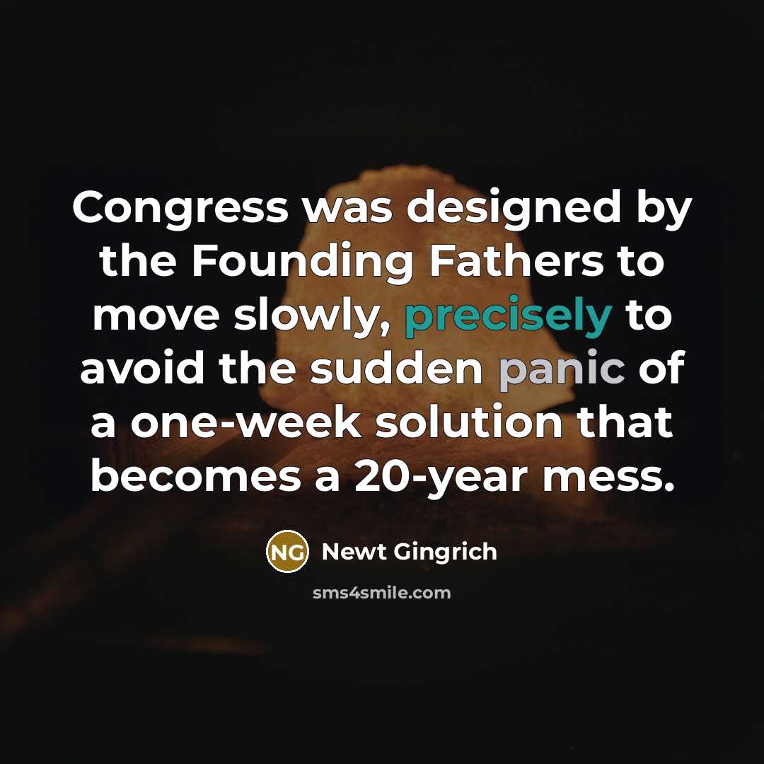 “Congress was designed by the Founding Fathers to move slowly, precisely to avoid the sudden panic of a one-week solution that becomes a 20-year mess.” quote by Newt Gingrich