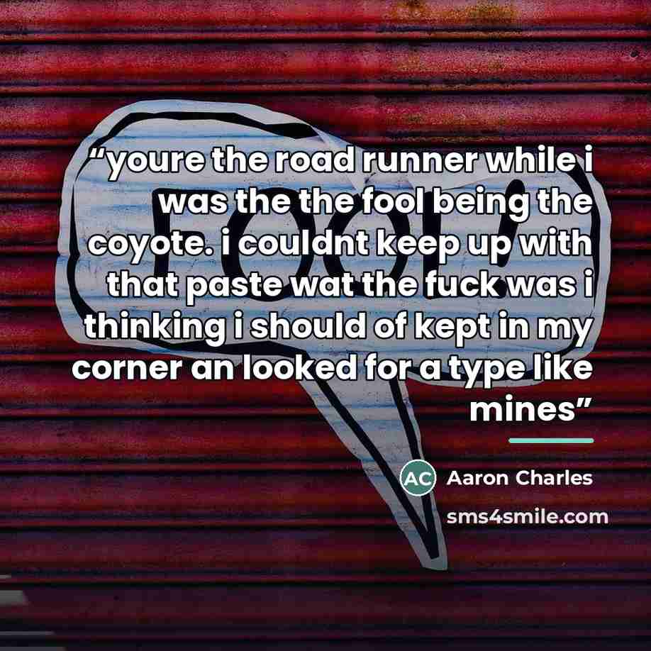“youre the road runner while i was the the fool being the coyote. i couldnt keep up with that paste wat the fuck was i thinking i should of kept in my corner an looked for a type like mines” quote by Aaron Charles